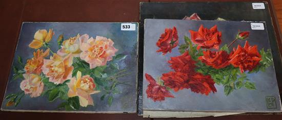 Katharina L. Beard, roses in a glass vase, inscribed verso and two other oils on canvas of roses by L. E. M. Plumber